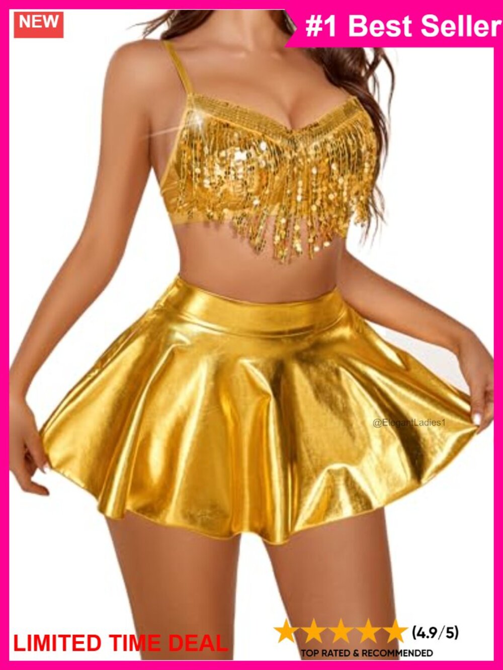 Sequin Fringe Crop Top Metallic Mini Skirt Thong 3-Piece Rave Outfit